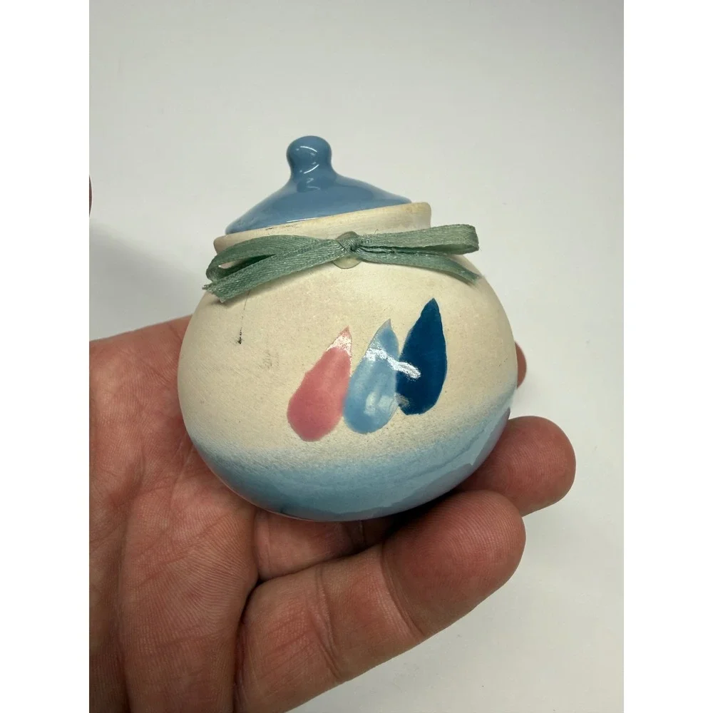 Hand Painted Ceramic Mini Honey Pot Blue Pink Teardrop Jar with Lid and Ribbon
